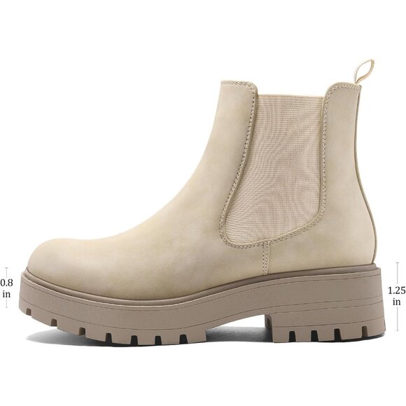 Women's Beige Chelsea Low Chunky Heel Slip On Lug Sole Elastic Ankle Booties - Picture 2 of 7